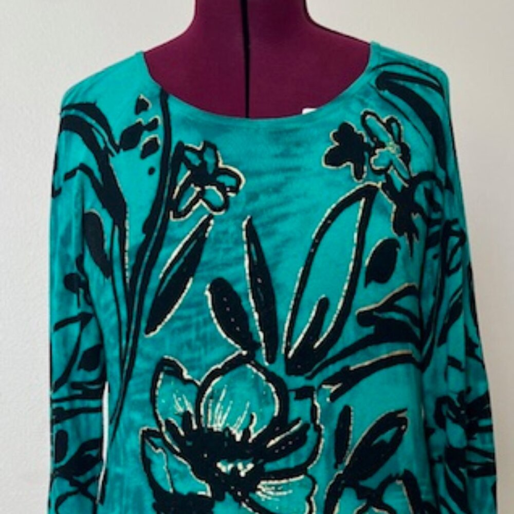 Cache women tunic sweater Green Gold Flower 3/4 sleeve Size L